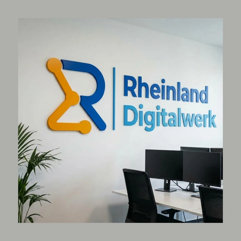 Das Logo von Rheinland Digitalwerk an der Wand des Büros